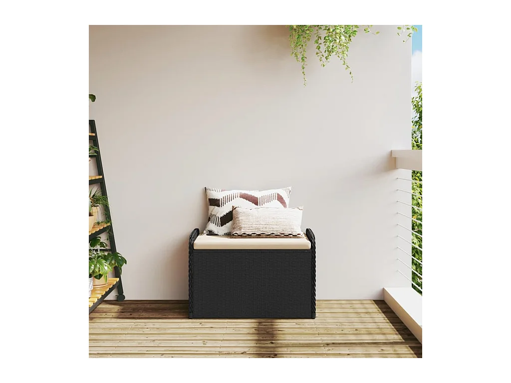 Banc de rangement avec coussin noir 80x51x52 cm résine tressée
