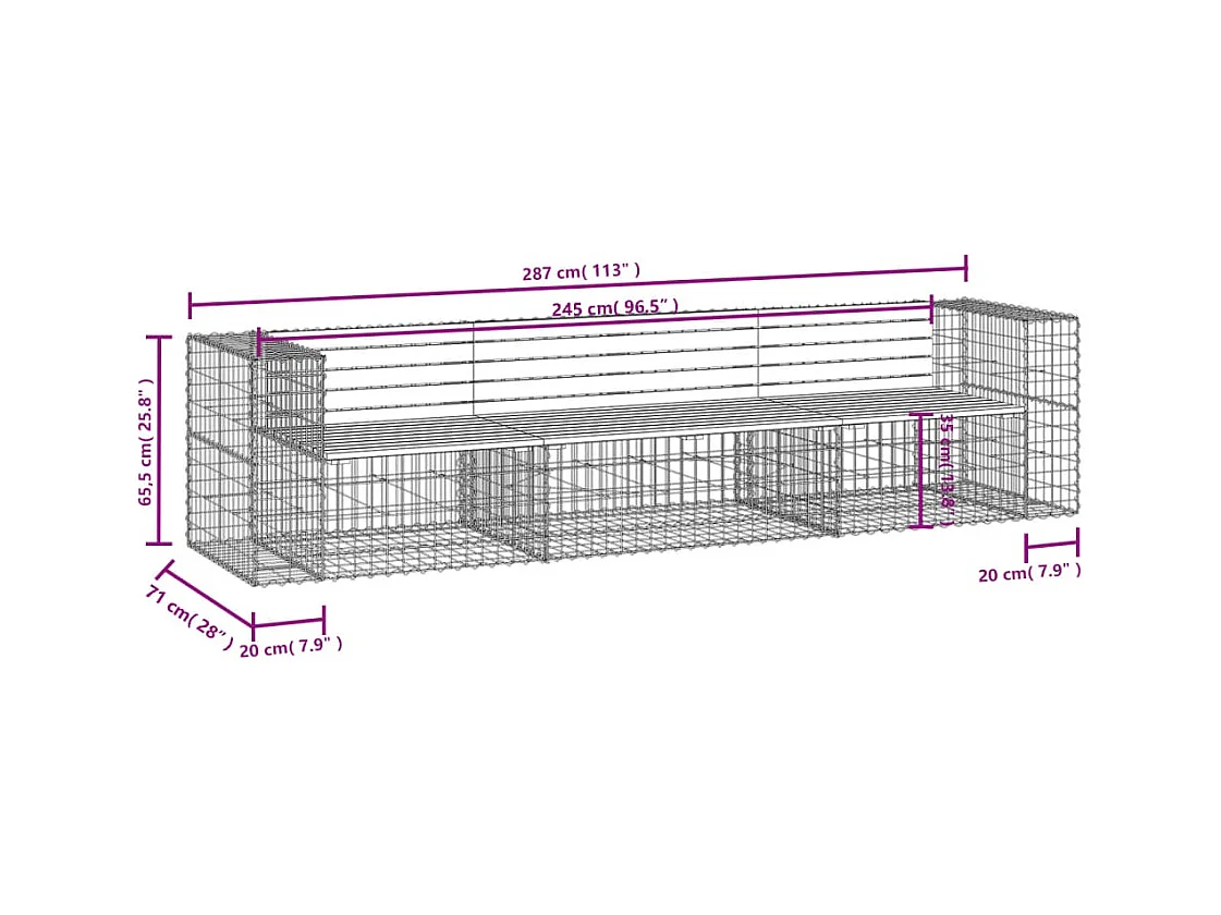 Banc jardin design gabion 287x71x65,5 cm bois massif de douglas