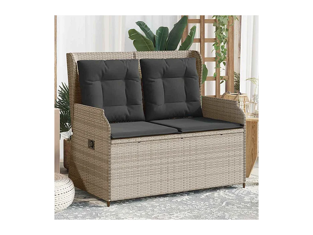 Sillón reclinable de jardín con cojines ratán sintético gris