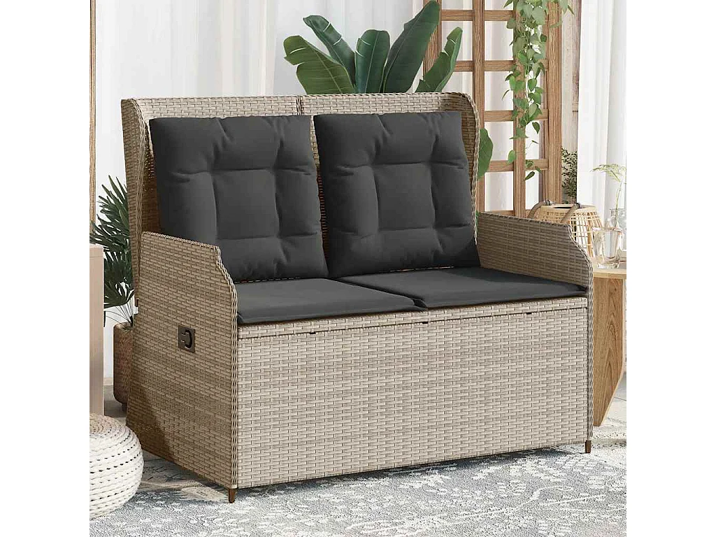 Banc inclinable de jardin et coussins gris clair résine tressée