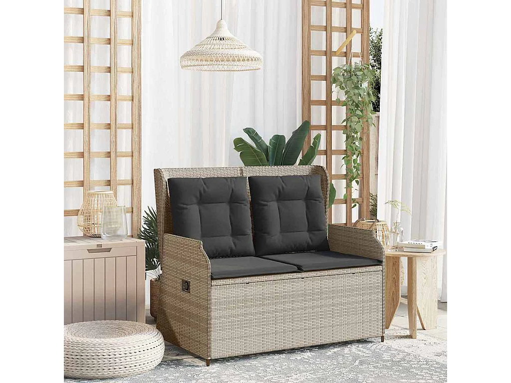 Banc inclinable de jardin et coussins gris clair résine tressée