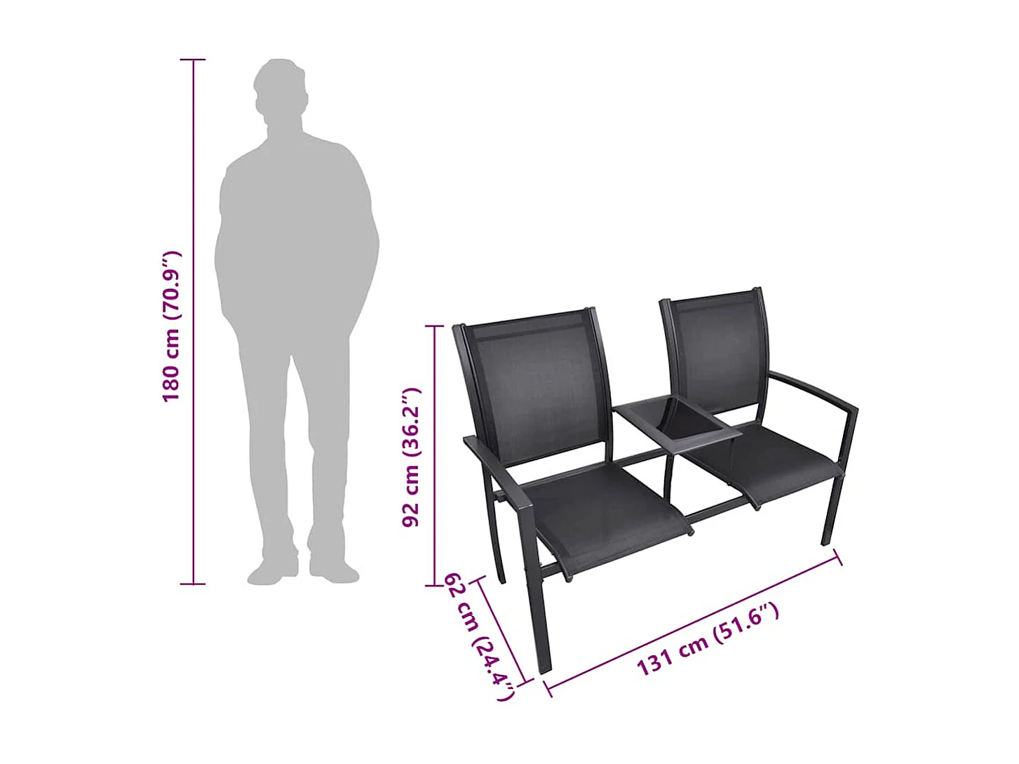 Banco de jardín 2 personas acero y textileno negro 131 cm