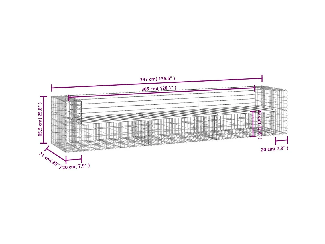 Banc de jardin design gabion 347x71x65,5 cm bois massif de pin