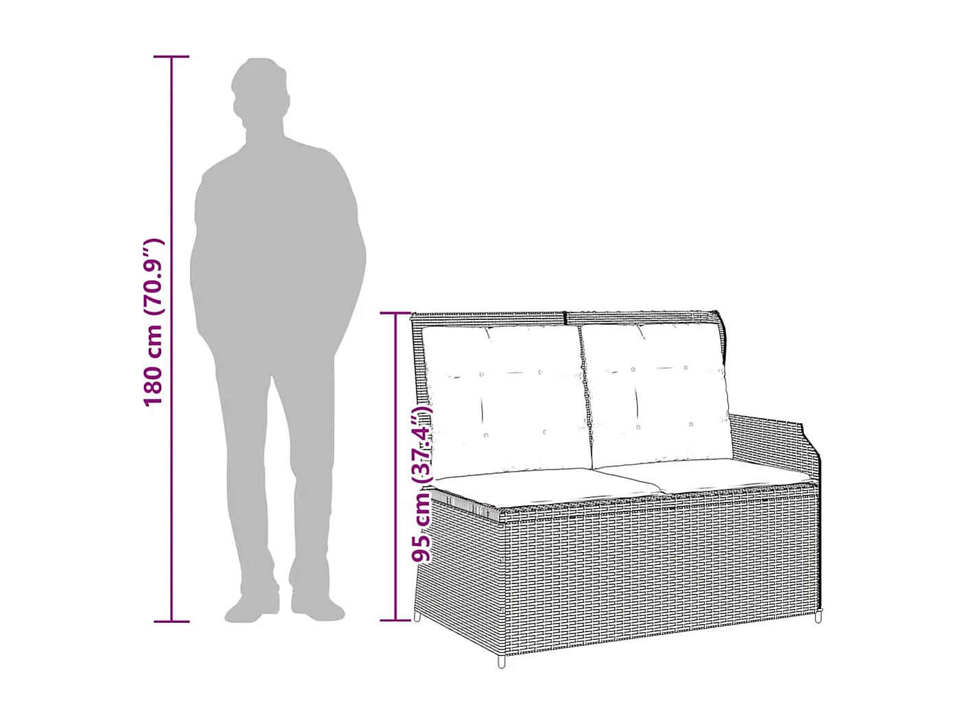 Banc inclinable de jardin avec coussins beige résine tressée