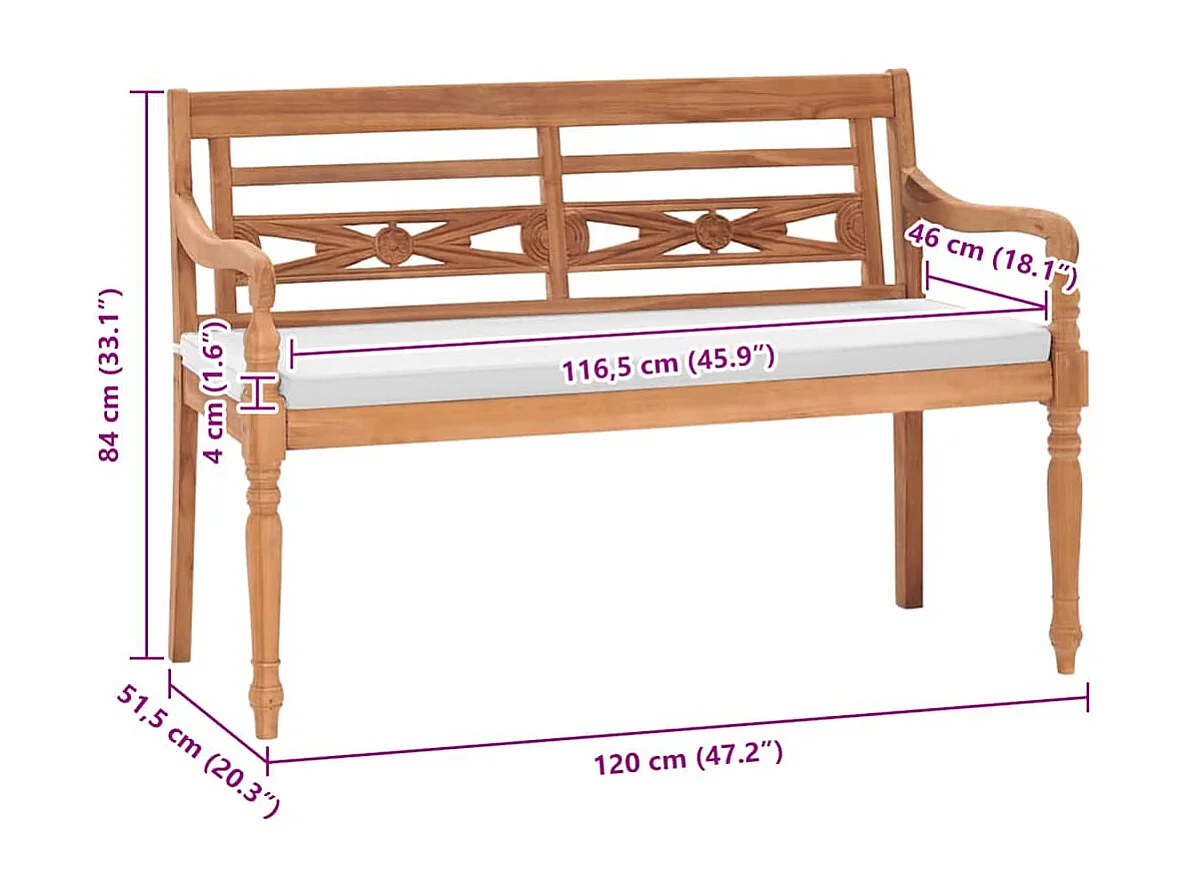 Banc Batavia avec coussins 120 cm Teck