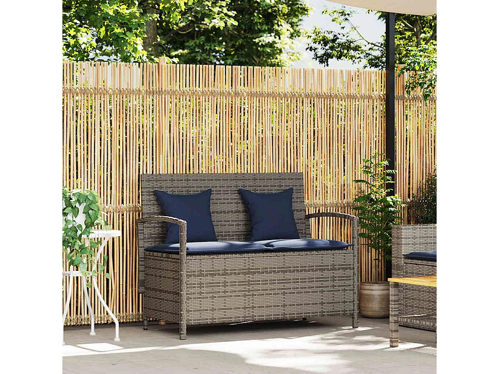 Banco de jardim para arrumação com almofada vime PE cinzento