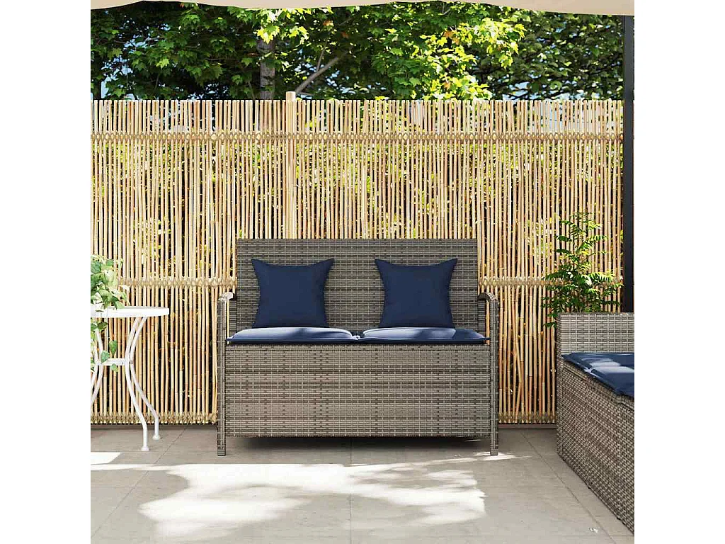 Banco de jardim para arrumação com almofada vime PE cinzento