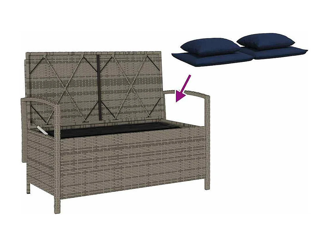 Banco de jardim para arrumação com almofada vime PE cinzento