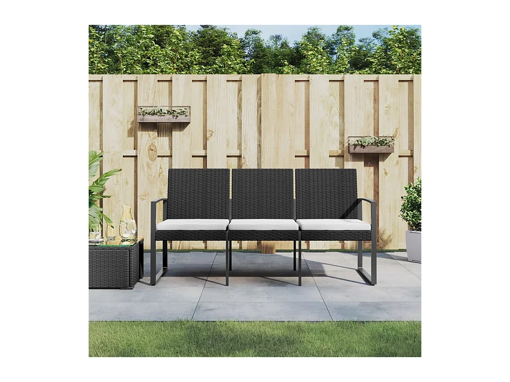Banc de jardin à 3 places avec coussins noir rotin PP