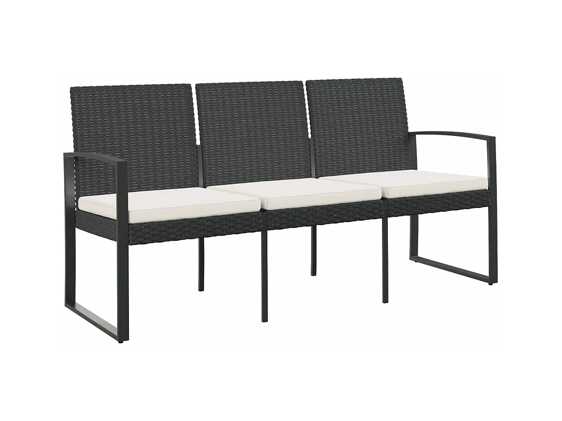 Banc de jardin à 3 places avec coussins noir rotin PP