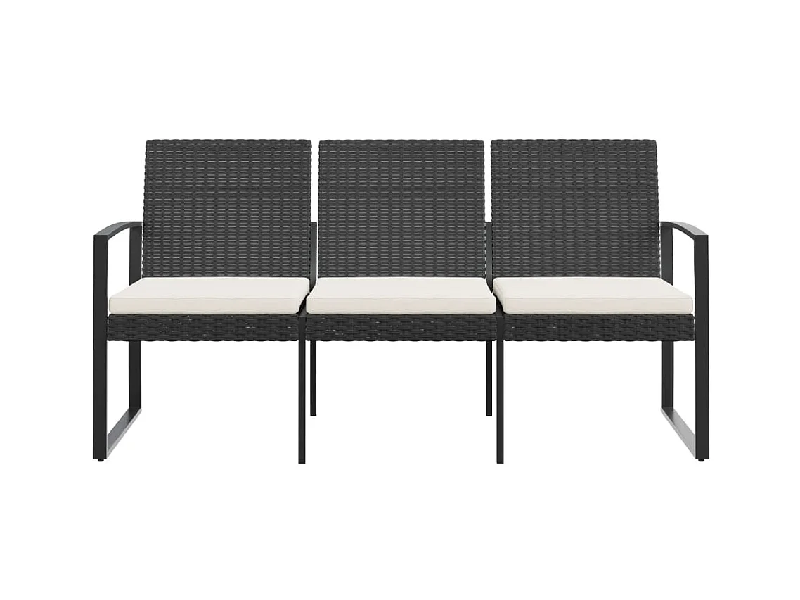Banc de jardin à 3 places avec coussins noir rotin PP