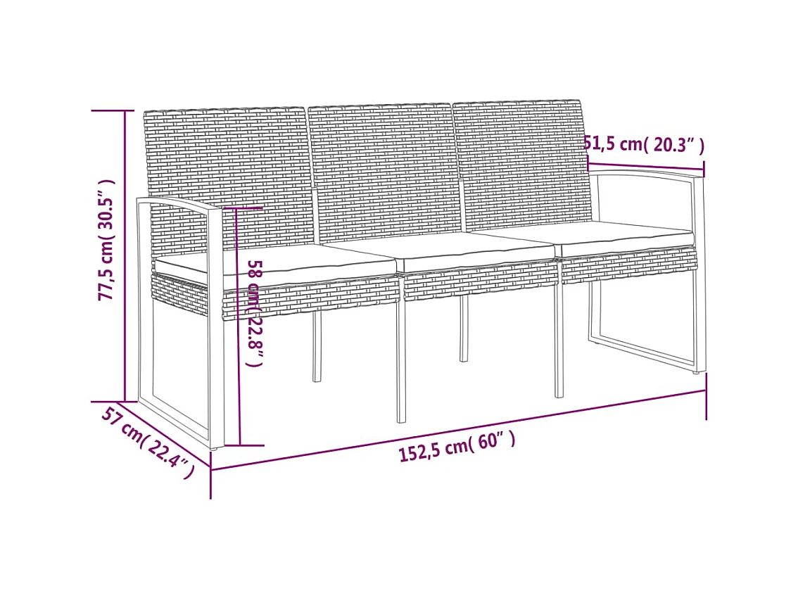 Banc de jardin à 3 places avec coussins noir rotin PP