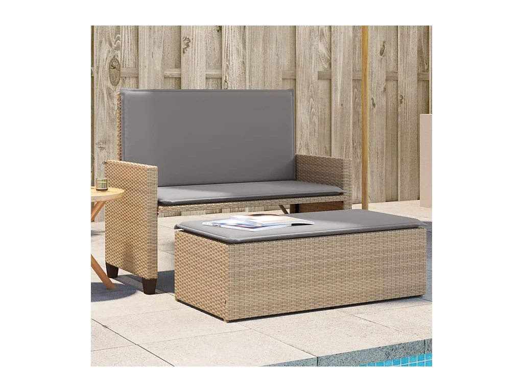 Banco de jardín con cojines y reposapiés ratán sintético beige