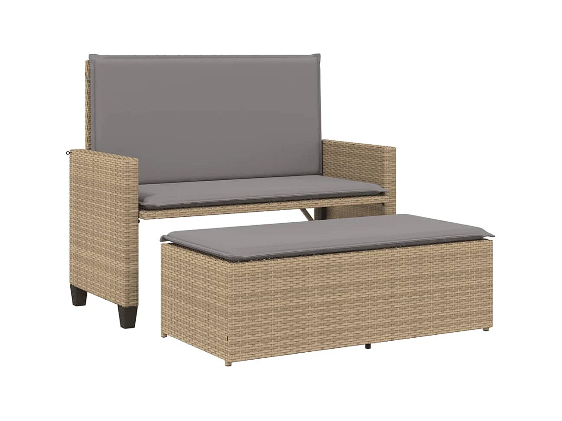 Banco de jardín con cojines y reposapiés ratán sintético beige