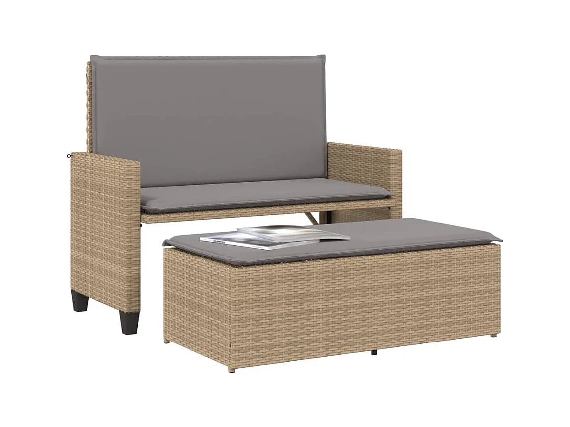 Banco de jardín con cojines y reposapiés ratán sintético beige