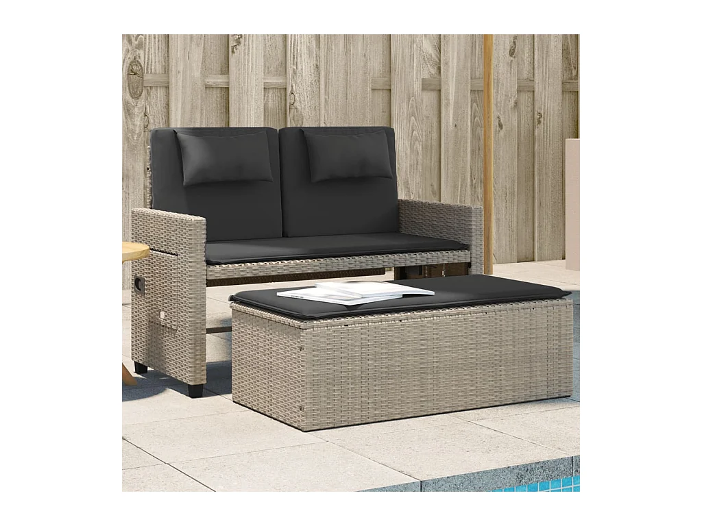 Sillón reclinable de jardín con cojines ratán sintético gris