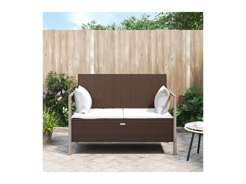 Banco de jardín de 2 plazas con cojines ratán sintético marrón