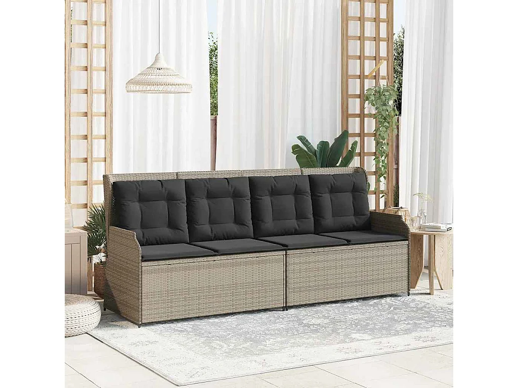 Banc inclinable de jardin et coussins gris clair résine tressée