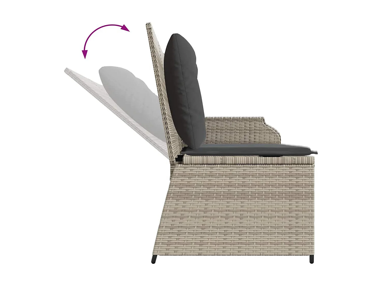 Banc inclinable de jardin et coussins gris clair résine tressée