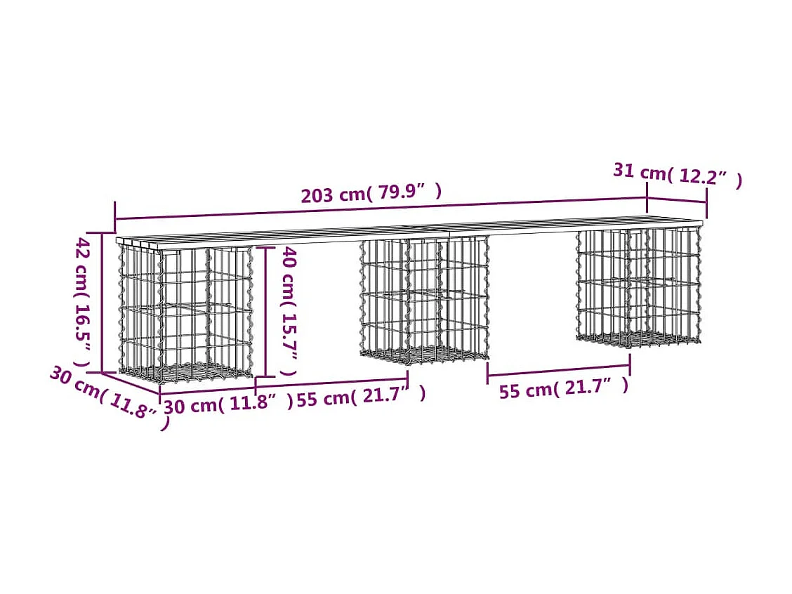 Banc de jardin design gabion 203x31x42 cm bois de pin imprégné