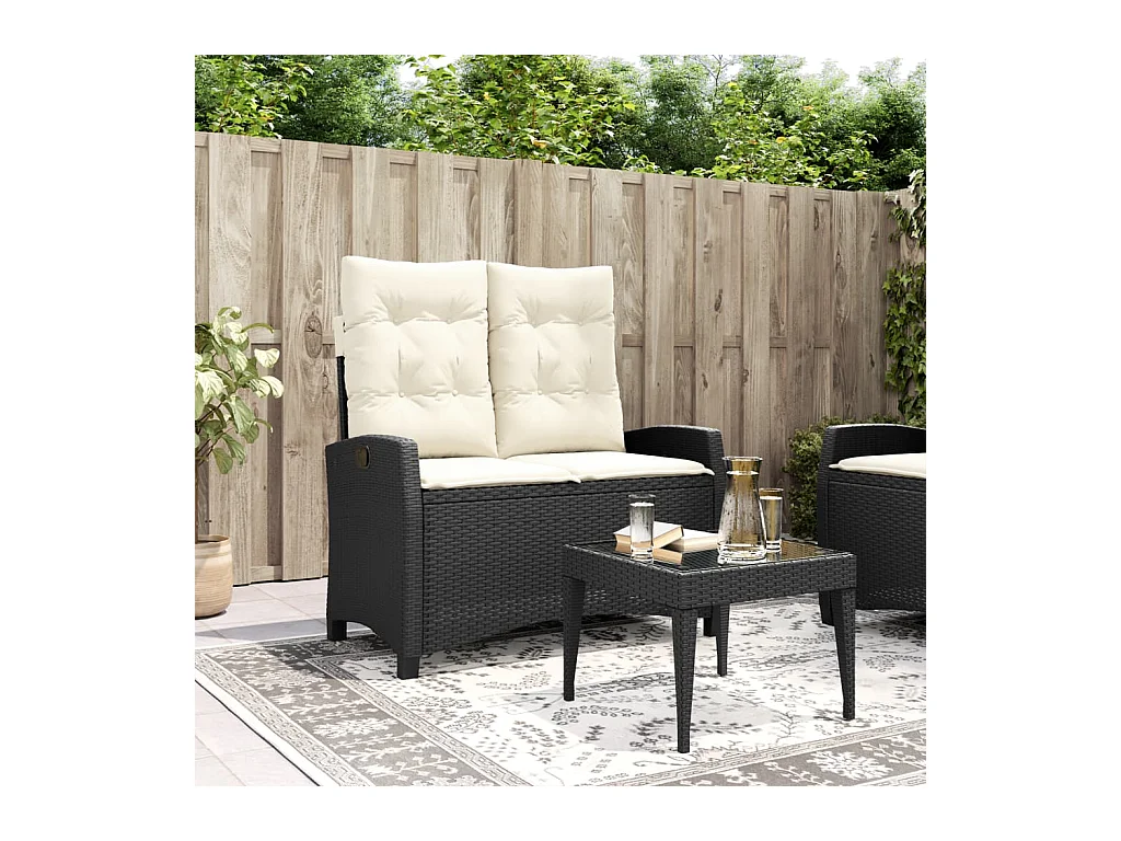 Banc inclinable de jardin avec coussins noir résine tressée