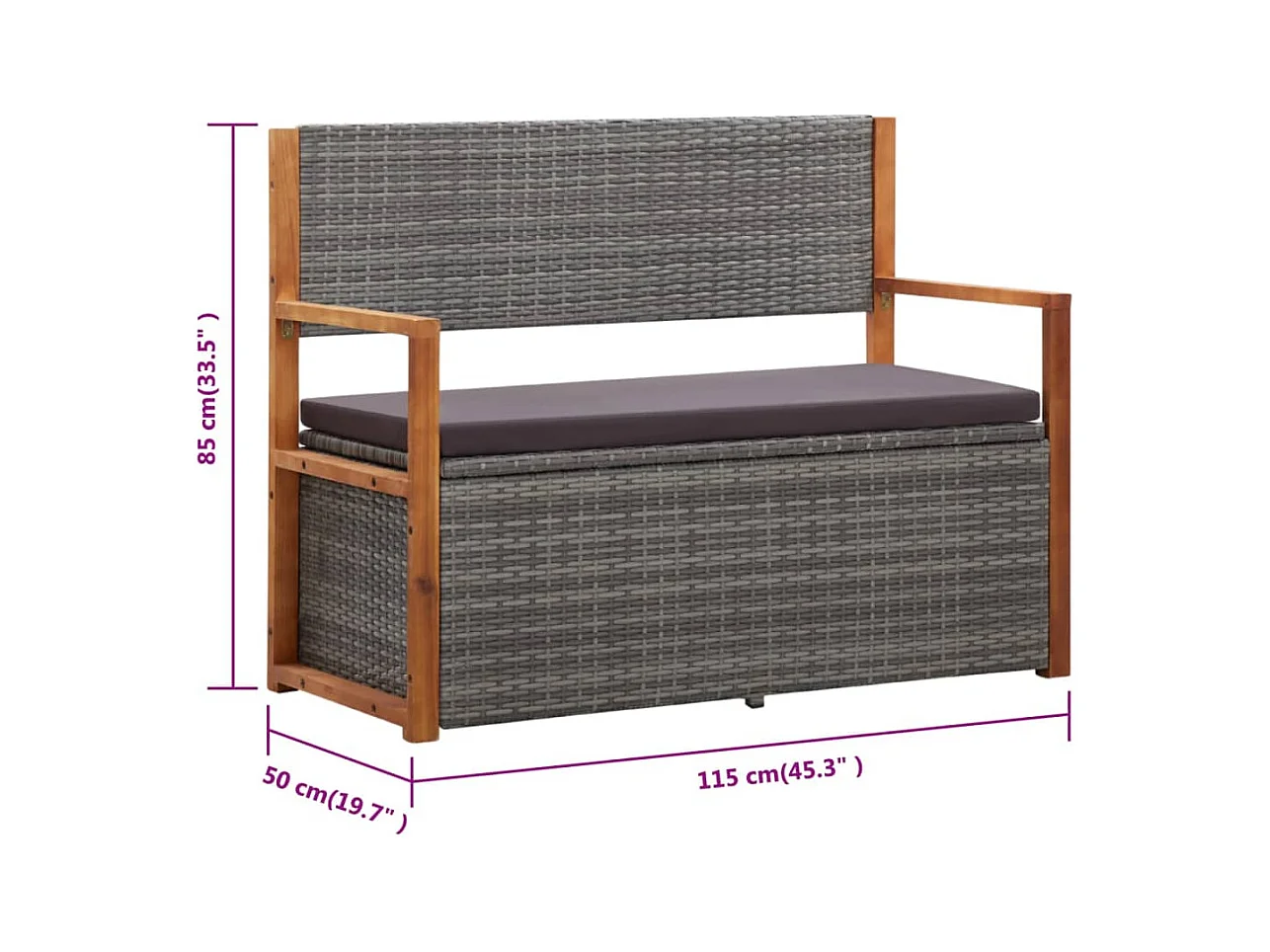 Banco de almacenaje ratán sintético madera acacia gris 115 cm