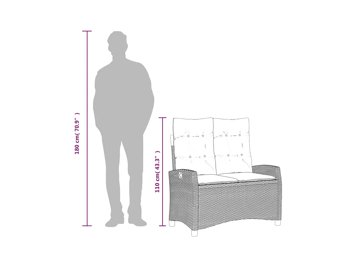 Banco de jardim reclinável com almofadões vime PE castanho