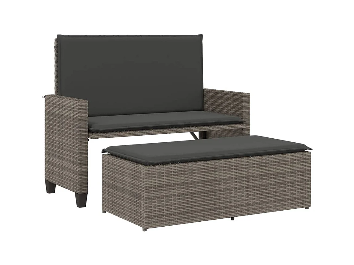 Banco de jardín con cojines y reposapiés ratán sintético gris