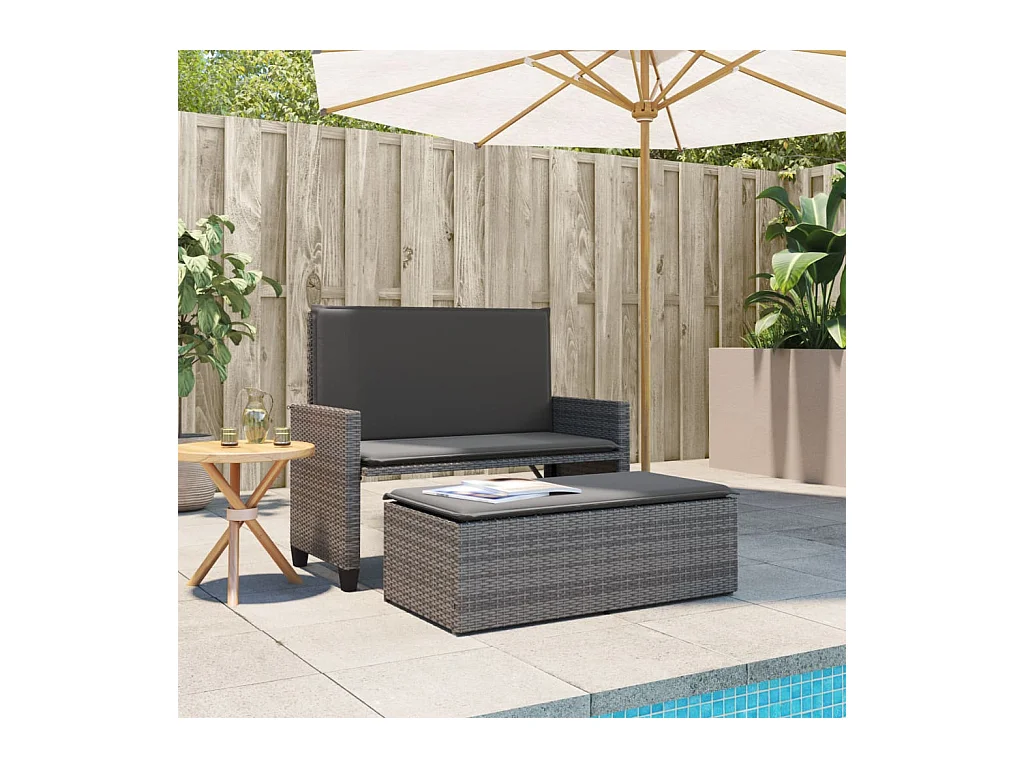 Banco de jardín con cojines y reposapiés ratán sintético gris