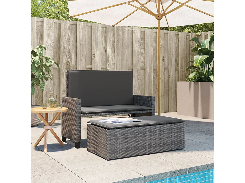 Banc de jardin avec coussins et repose-pied gris résine tressée