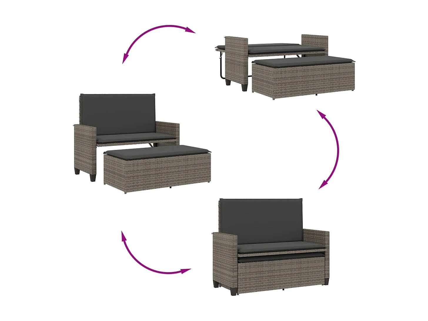 Banc de jardin avec coussins et repose-pied gris résine tressée