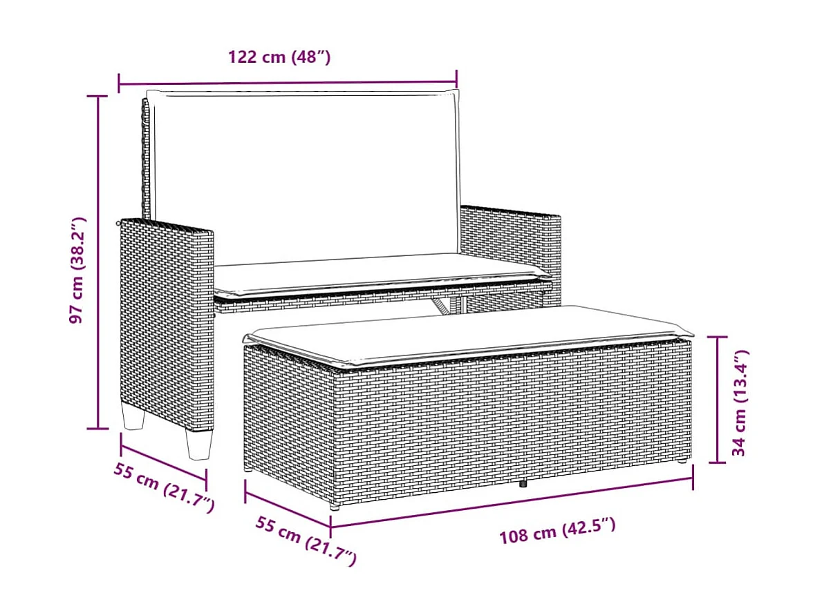 Banc de jardin avec coussins et repose-pied gris résine tressée