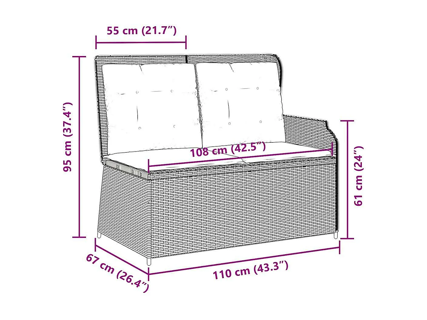 Banc inclinable de jardin avec coussins beige résine tressée