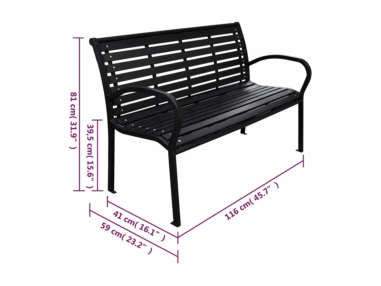 Banco de jardín acero y WPC negro 116 cm