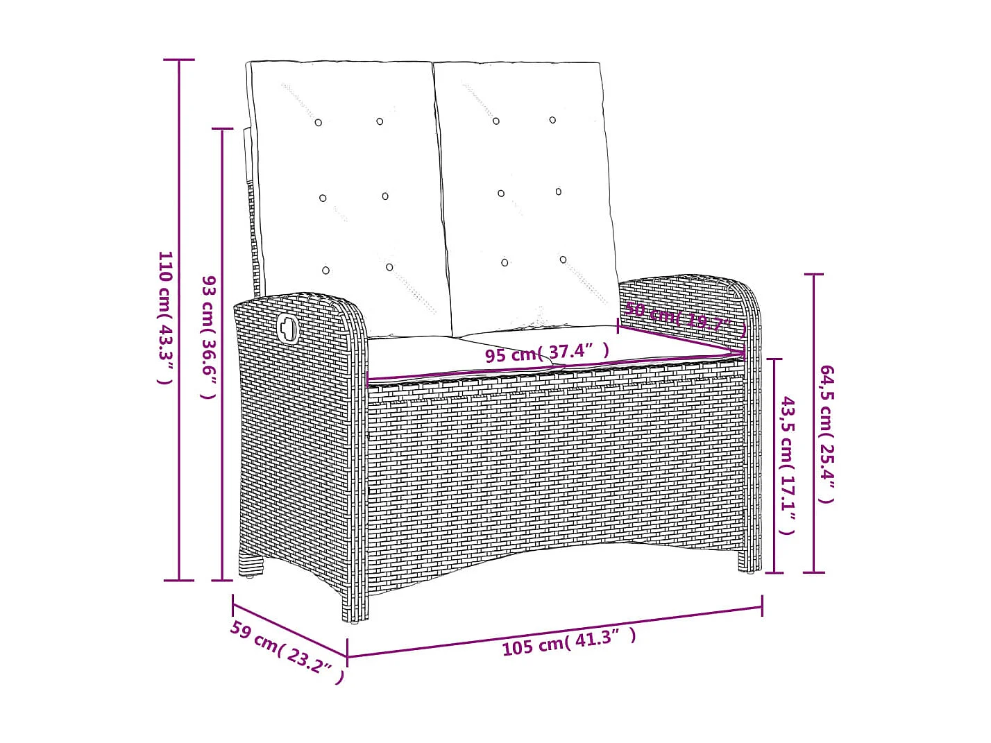 Banc inclinable de jardin avec coussins beige résine tressée