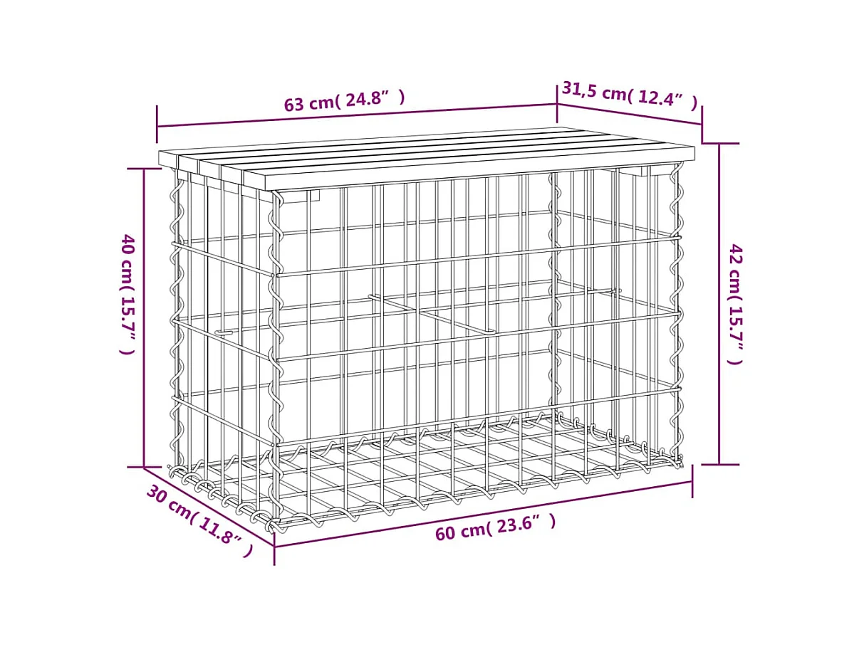 Banco jardín diseño gavión madera pino impregnada 63x31,5x42 cm