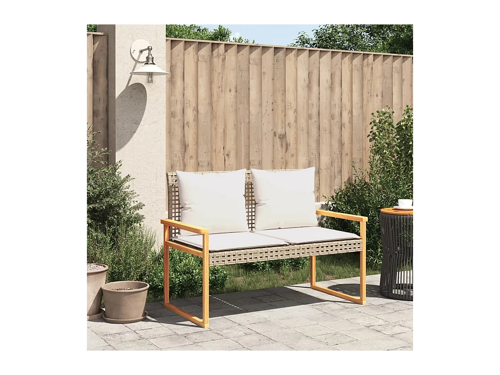 Banc de jardin avec coussin mélange beige résine tressée acacia
