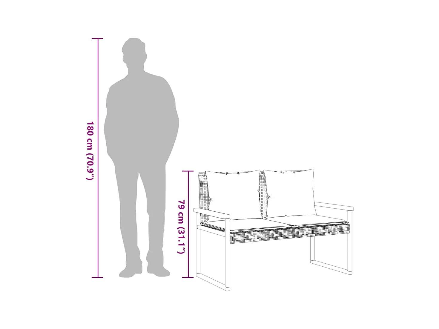 Banc de jardin avec coussin mélange beige résine tressée acacia