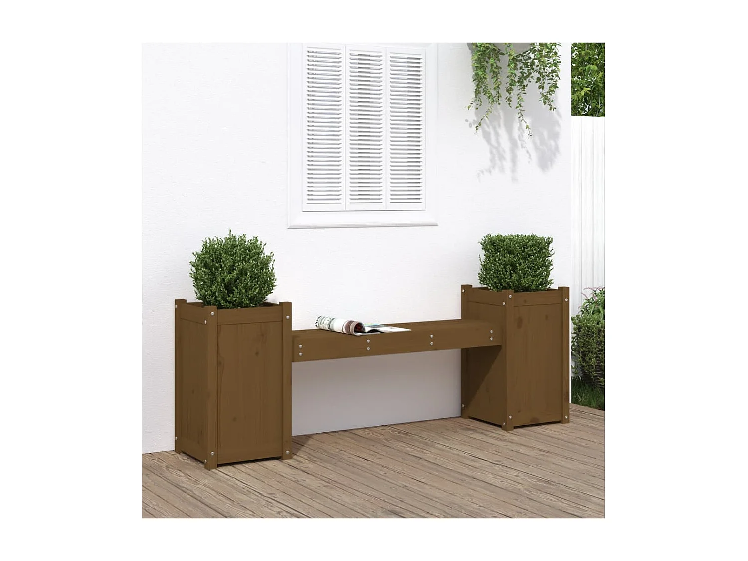 Banco con jardineras madera maciza pino marrón miel 180x36x63cm