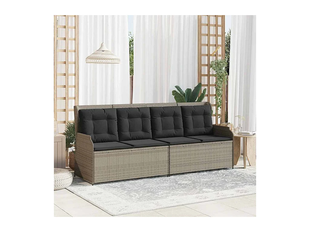 Sillón reclinable de jardín con cojines ratán sintético gris