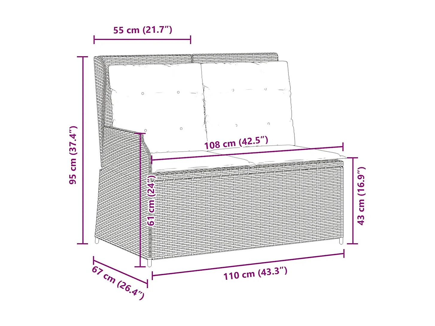 Banc inclinable de jardin et coussins gris clair résine tressée