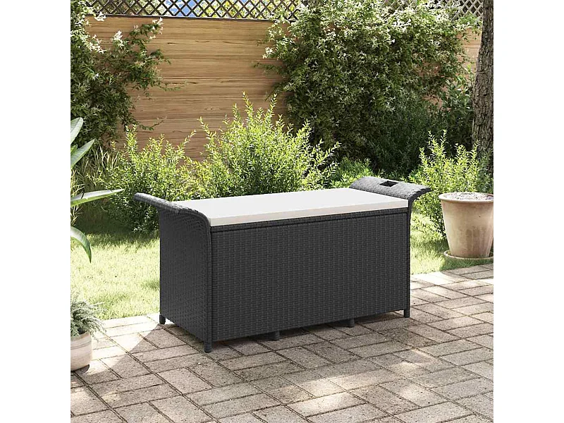 Banc de jardin avec coussin noir 116x46x57 cm résine tressée