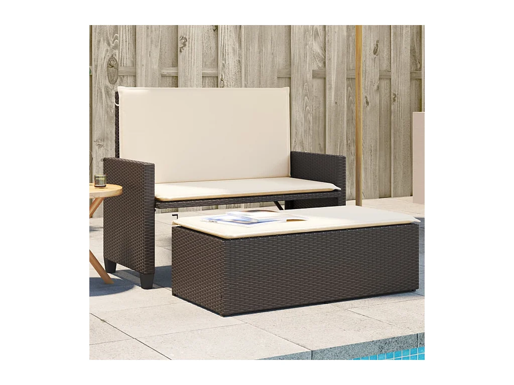 Banco de jardín con cojines y reposapiés ratán sintético marrón