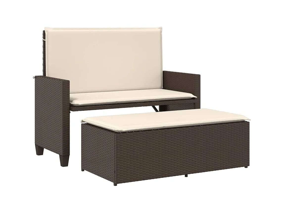 Banco de jardín con cojines y reposapiés ratán sintético marrón