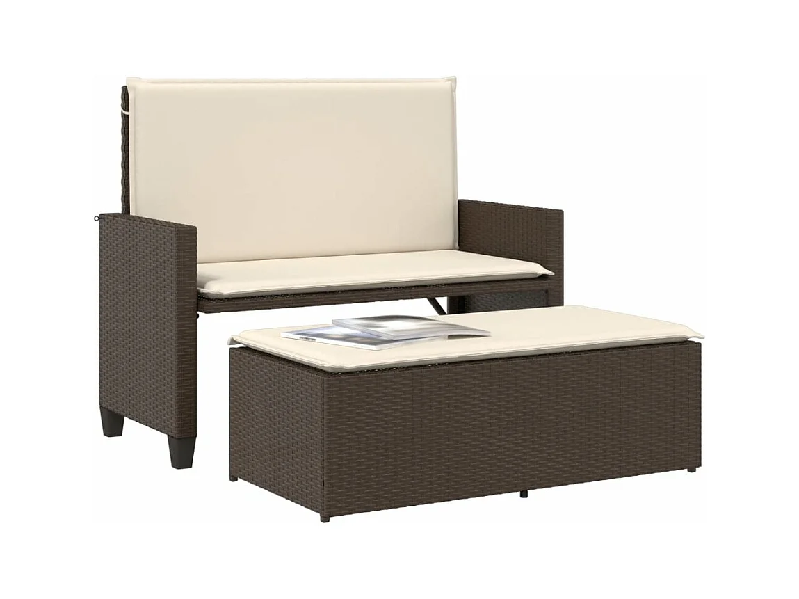 Banco de jardín con cojines y reposapiés ratán sintético marrón