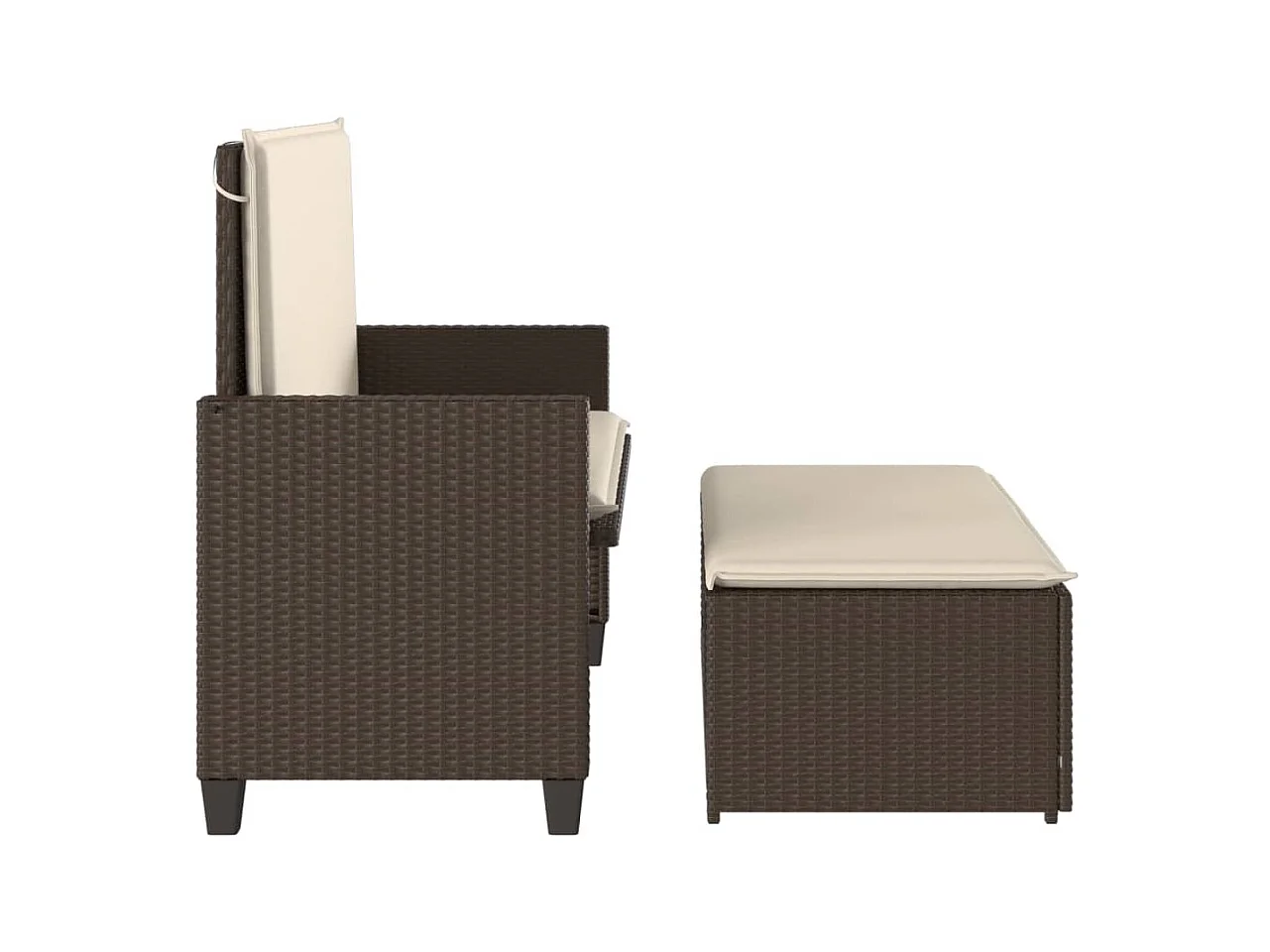 Banco de jardín con cojines y reposapiés ratán sintético marrón