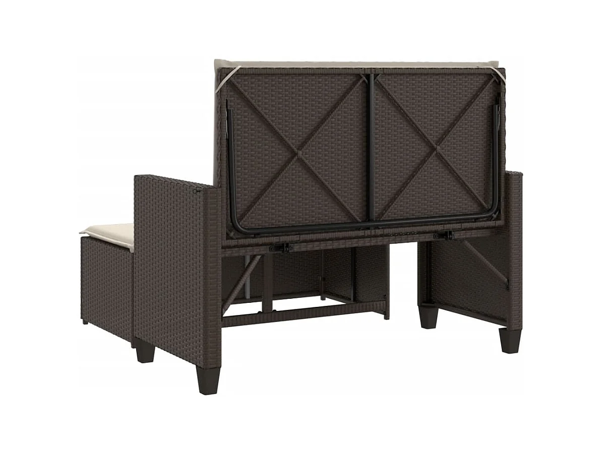 Banco de jardín con cojines y reposapiés ratán sintético marrón