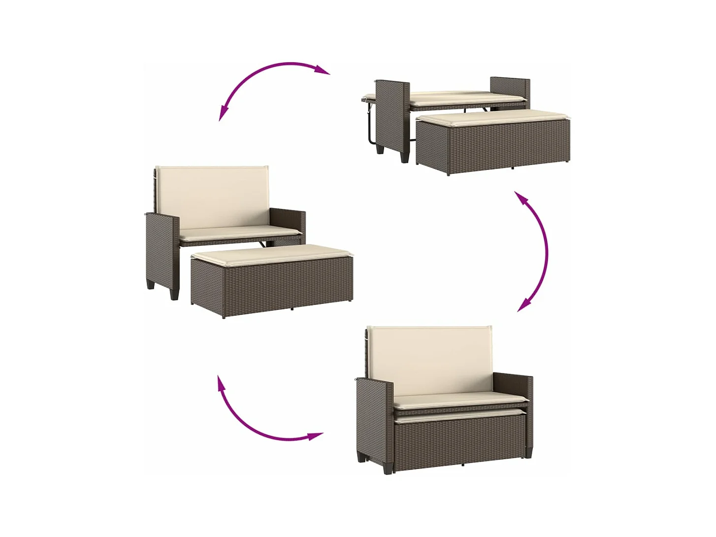 Banco de jardín con cojines y reposapiés ratán sintético marrón