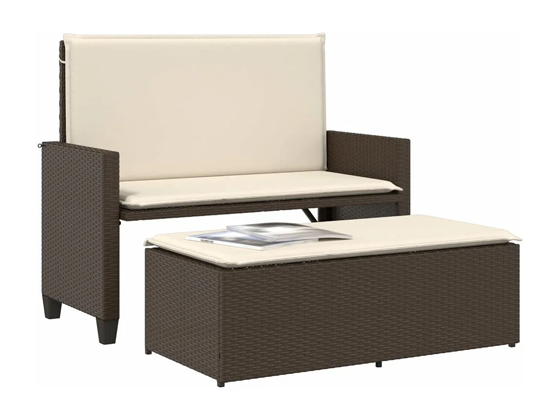 Banc de jardin et coussins et repose-pied marron résine tressée