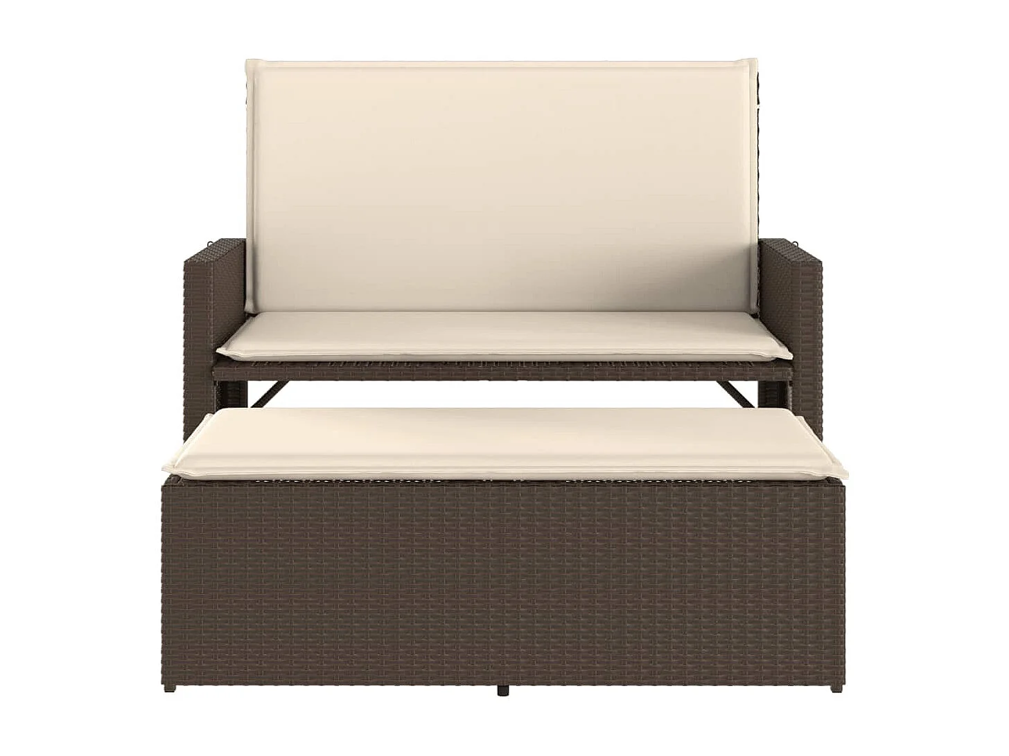 Banc de jardin et coussins et repose-pied marron résine tressée